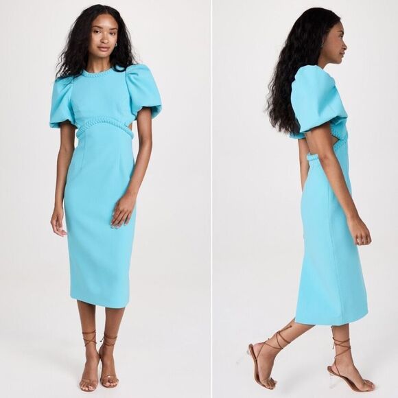 Rebecca Vallance Michelle Puff Sleeve Teal Blue Midi Dress Size 10